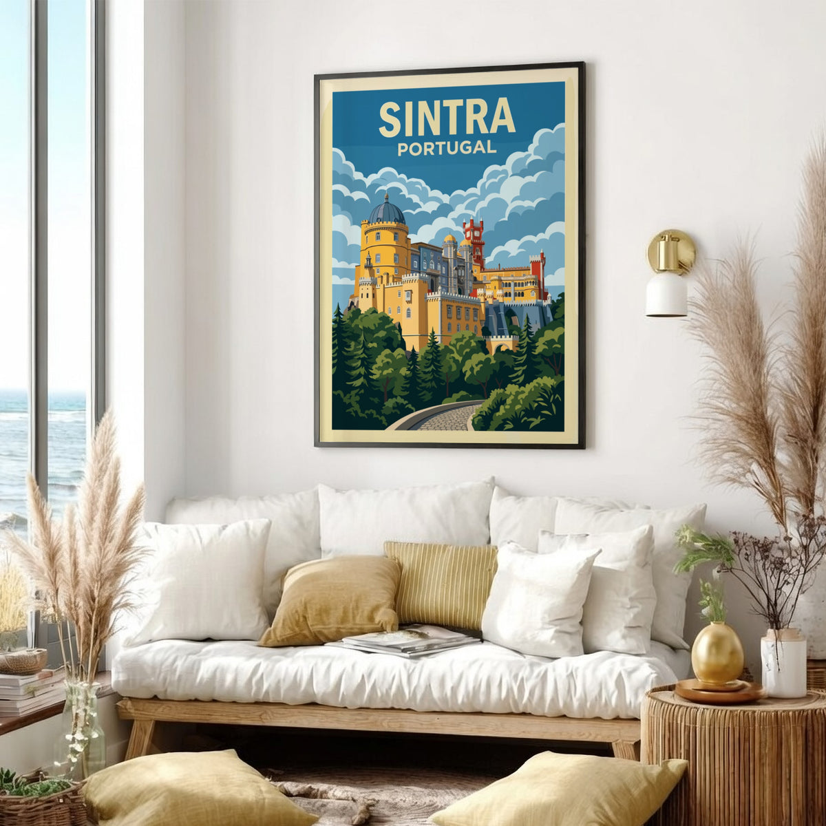 Travel poster of the yellow and red Pena Palace in Sintra Portugal landscape