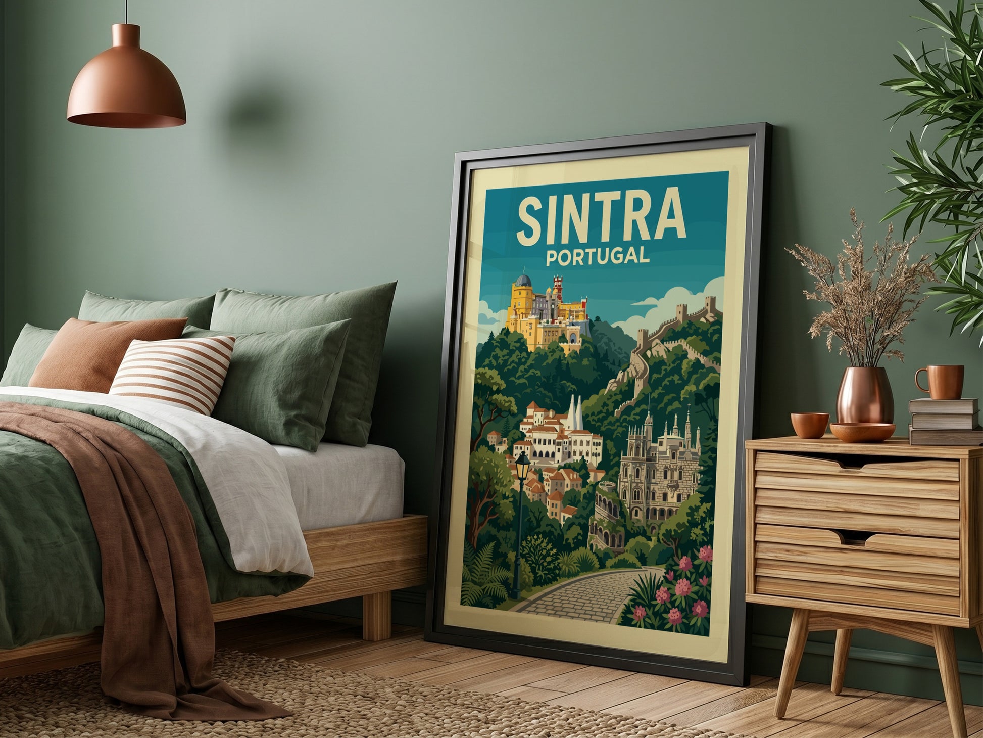 Sintra Portugal travel poster with Pena Palace, town, and castle walls in a vibrant illustrative style.