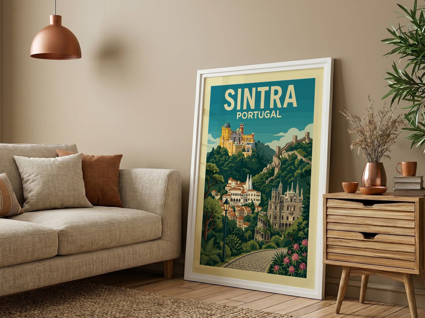 Sintra Portugal travel poster with Pena Palace, town, and castle walls in a vibrant illustrative style.