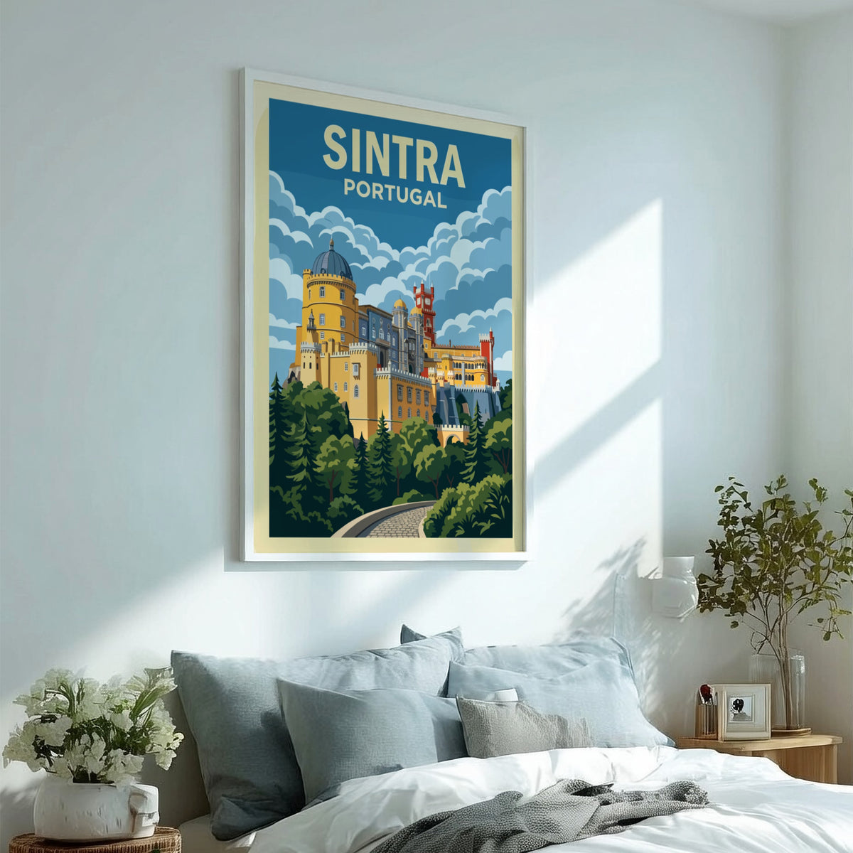 Travel poster of the yellow and red Pena Palace in Sintra Portugal landscape
