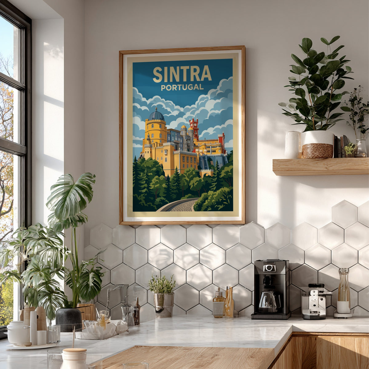 Travel poster of the yellow and red Pena Palace in Sintra Portugal landscape