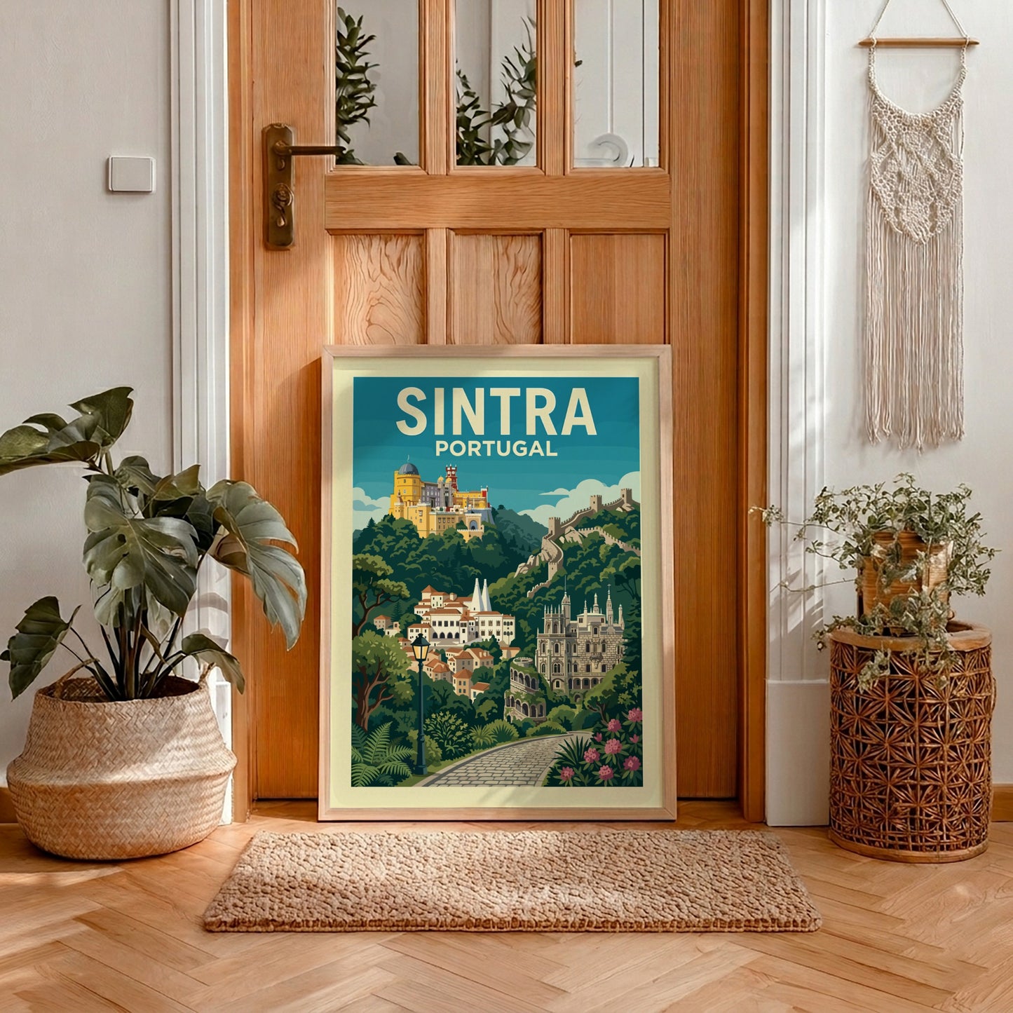 Sintra Portugal travel poster with Pena Palace, town, and castle walls in a vibrant illustrative style.