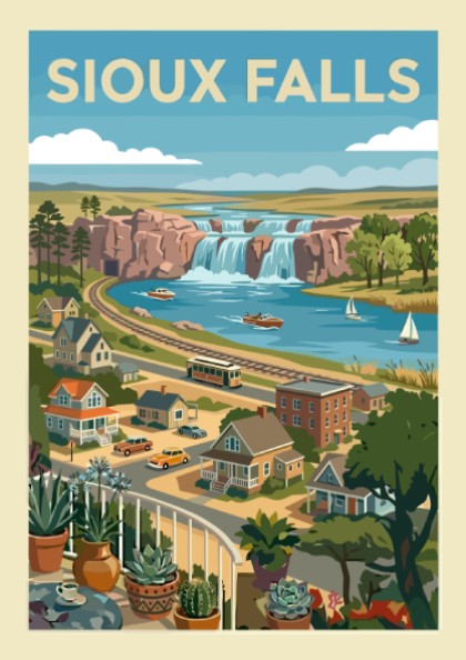 Sioux Falls waterfall travel art print featuring a vintage cityscape and vibrant colors.