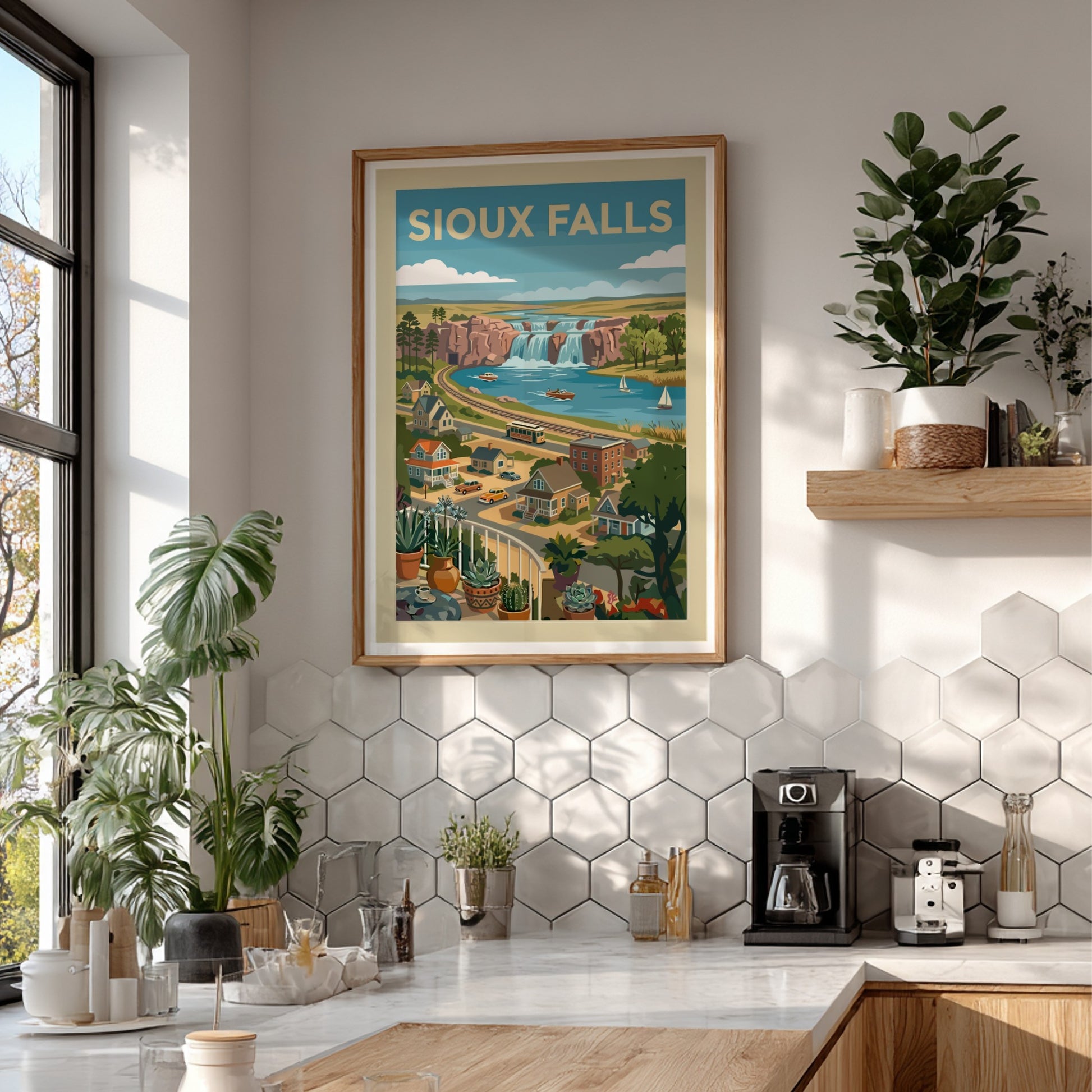 Sioux Falls waterfall travel art print featuring a vintage cityscape and vibrant colors.