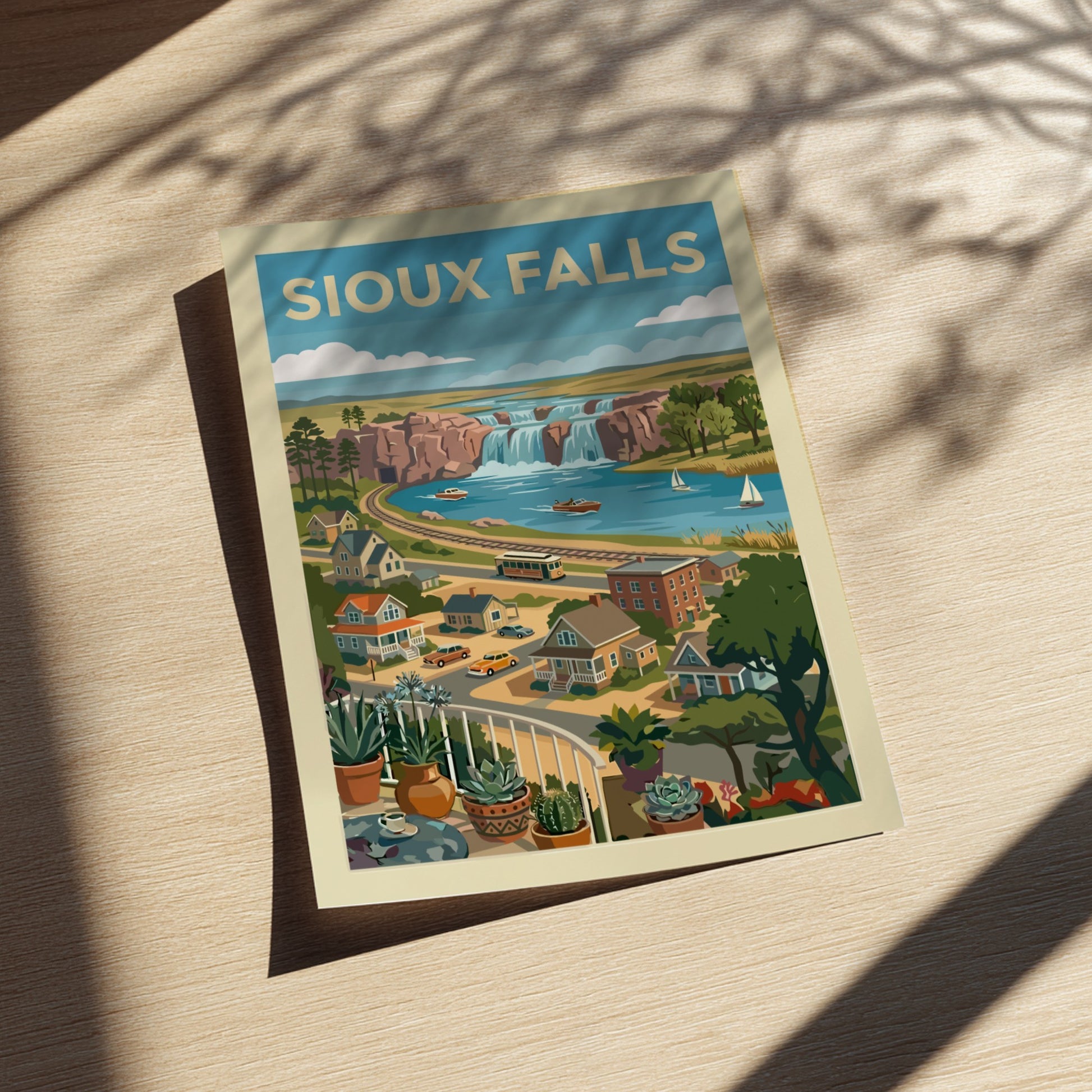 Sioux Falls waterfall travel art print featuring a vintage cityscape and vibrant colors.