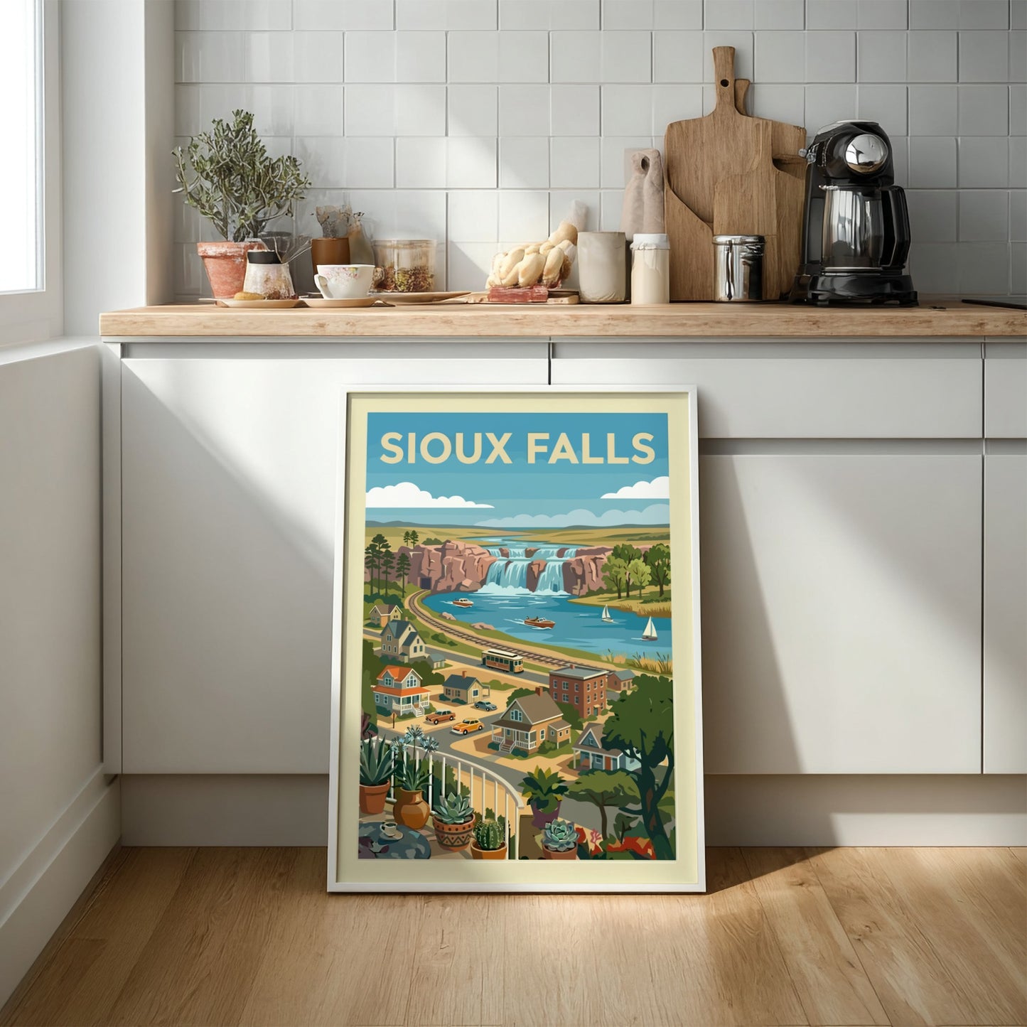 Sioux Falls waterfall travel art print featuring a vintage cityscape and vibrant colors.