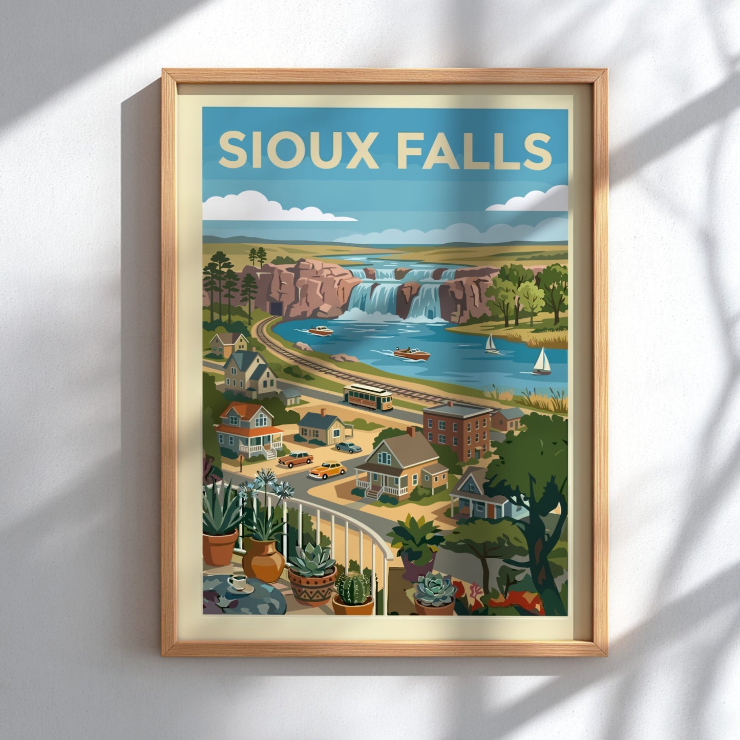 Sioux Falls waterfall travel art print featuring a vintage cityscape and vibrant colors.