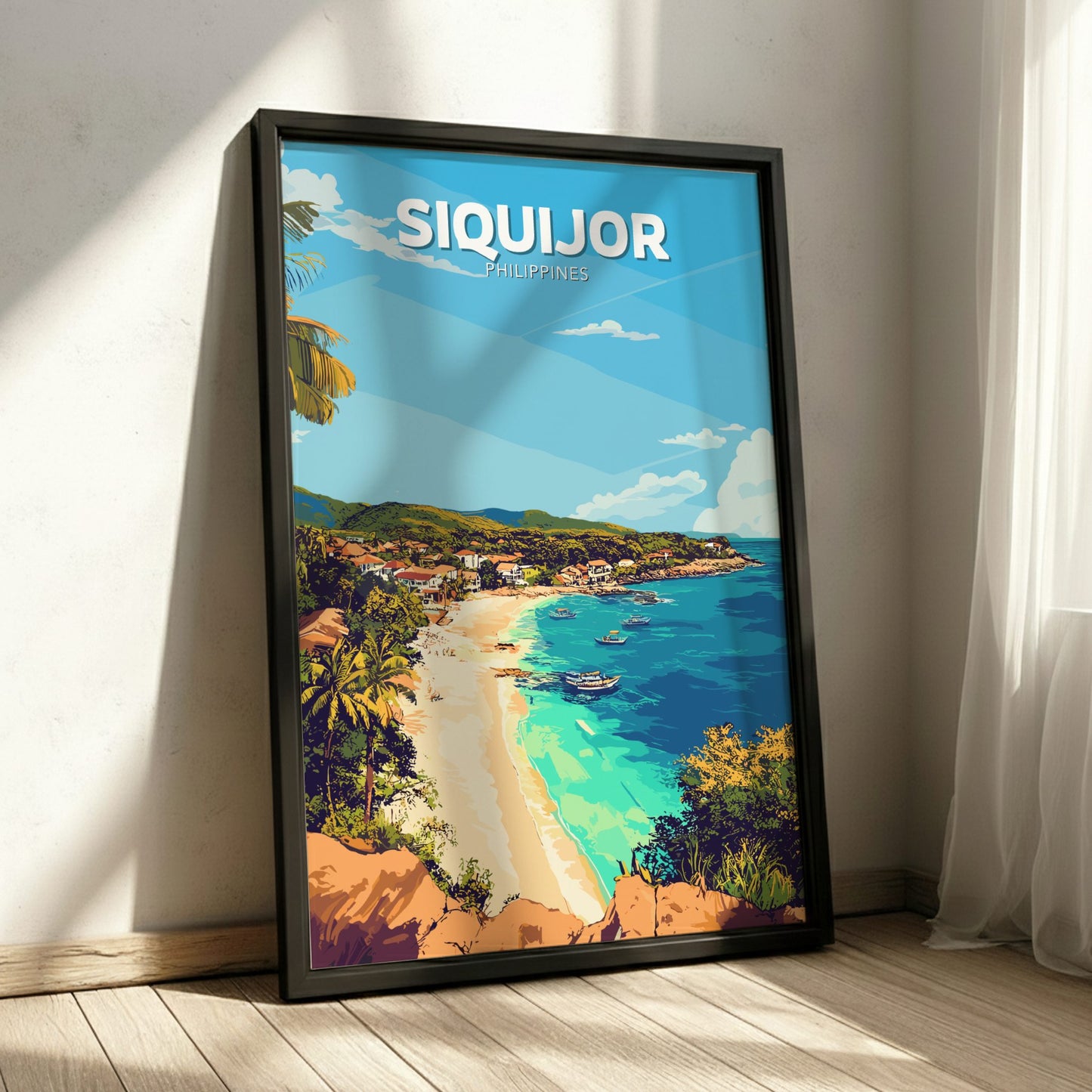 Framed artwork of Siquijor, Philippines with a beach and ocean view.