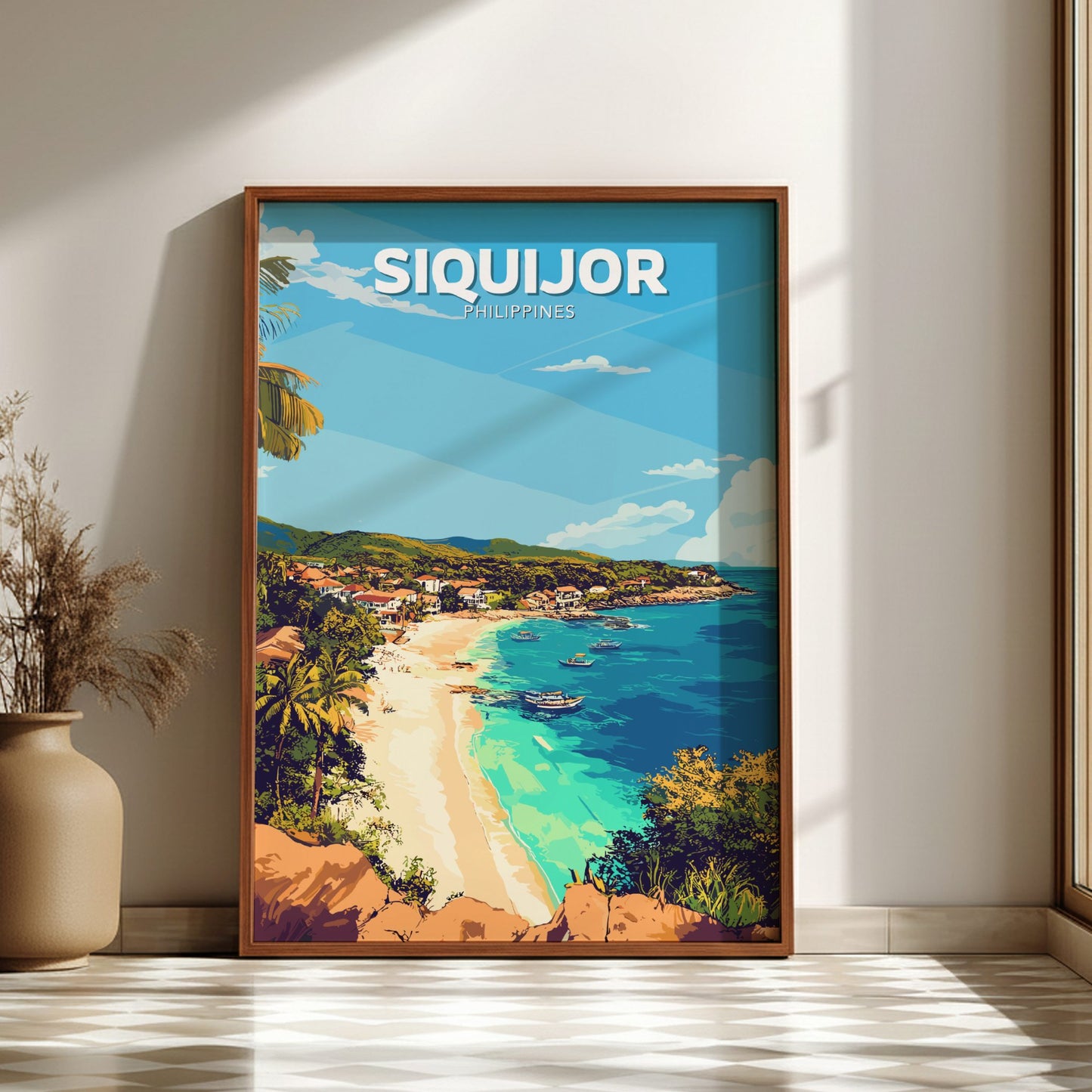Framed artwork of a beach scene with 'Siquijor Philippines' text on a wall.