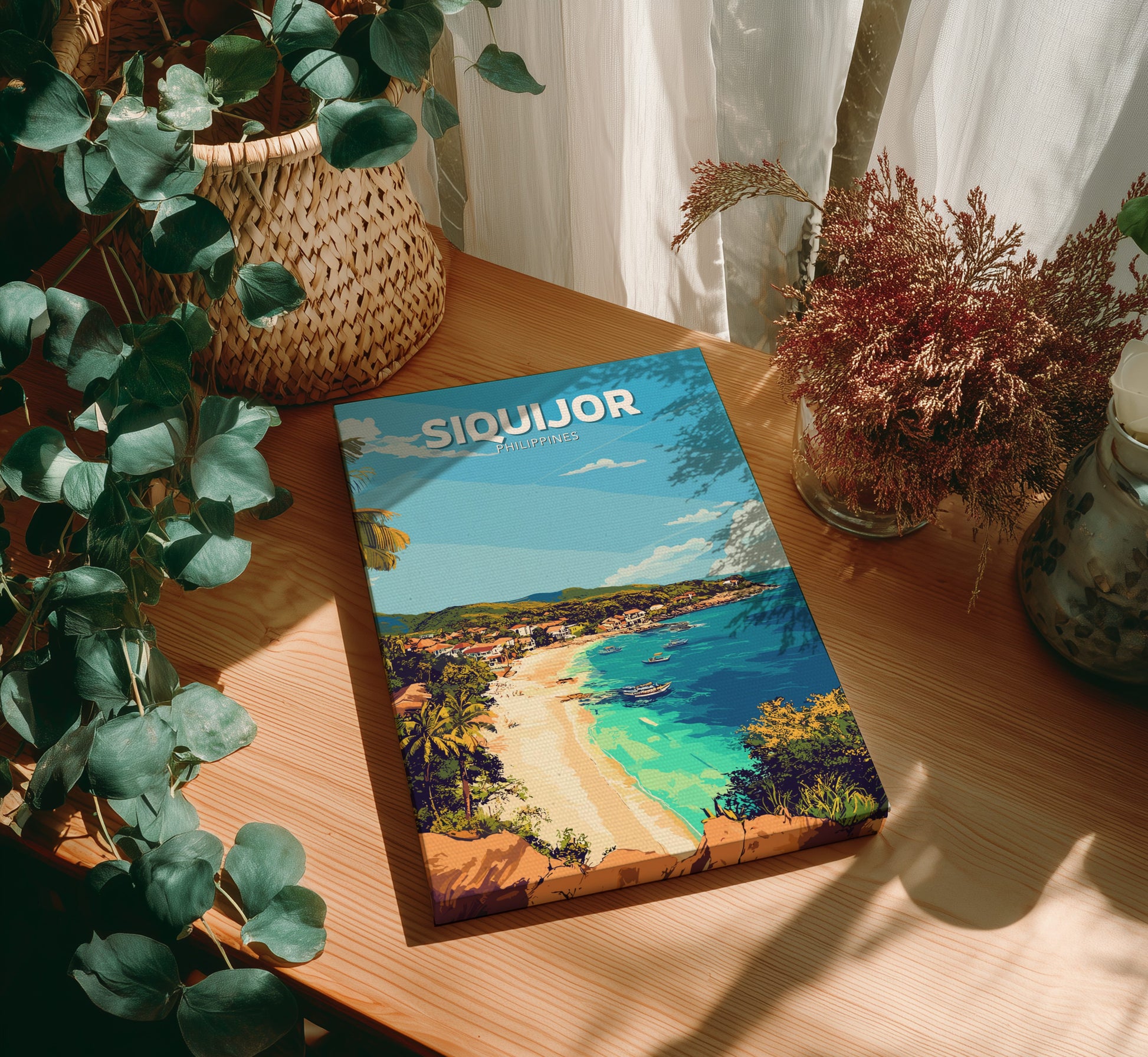 Book titled 'SIQUIJOR' on a wooden table with plants around