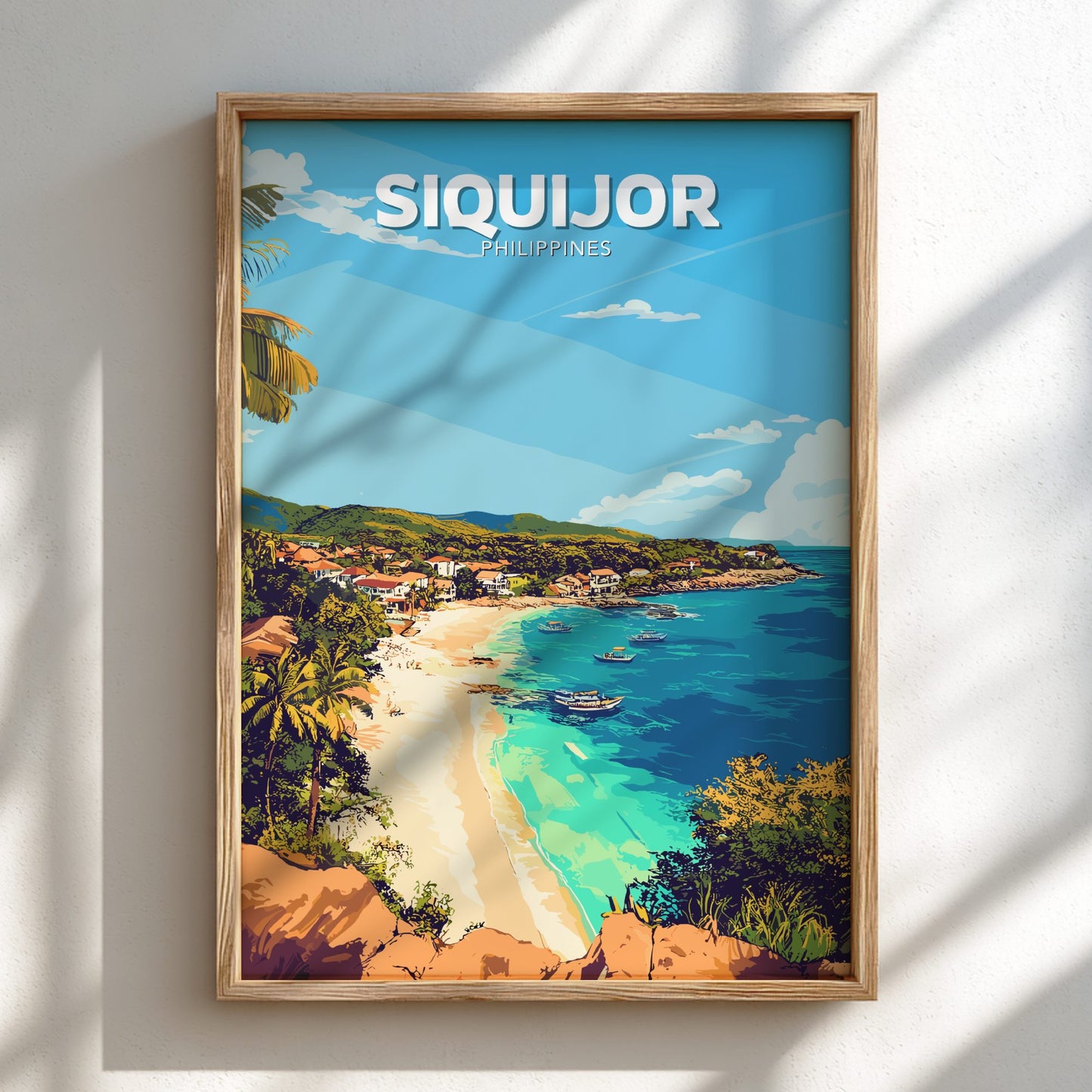 Framed artwork of Siquijor, Philippines with a beach and ocean view.