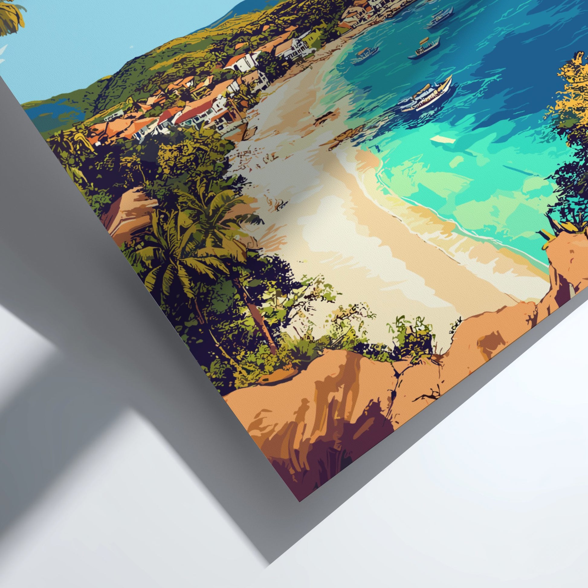 Tropical beach scene with palm trees, a clear blue sky, and boats on the water.