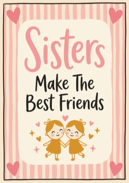 Kids room poster featuring sisters, soft pastel colors, playful illustrations, perfect for nursery or