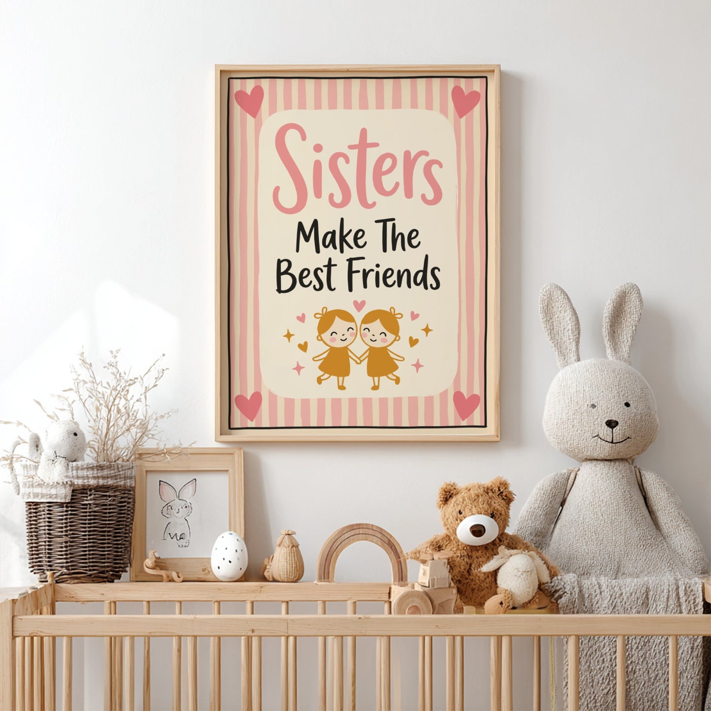 Kids room poster featuring sisters, soft pastel colors, playful illustrations, perfect for nursery or