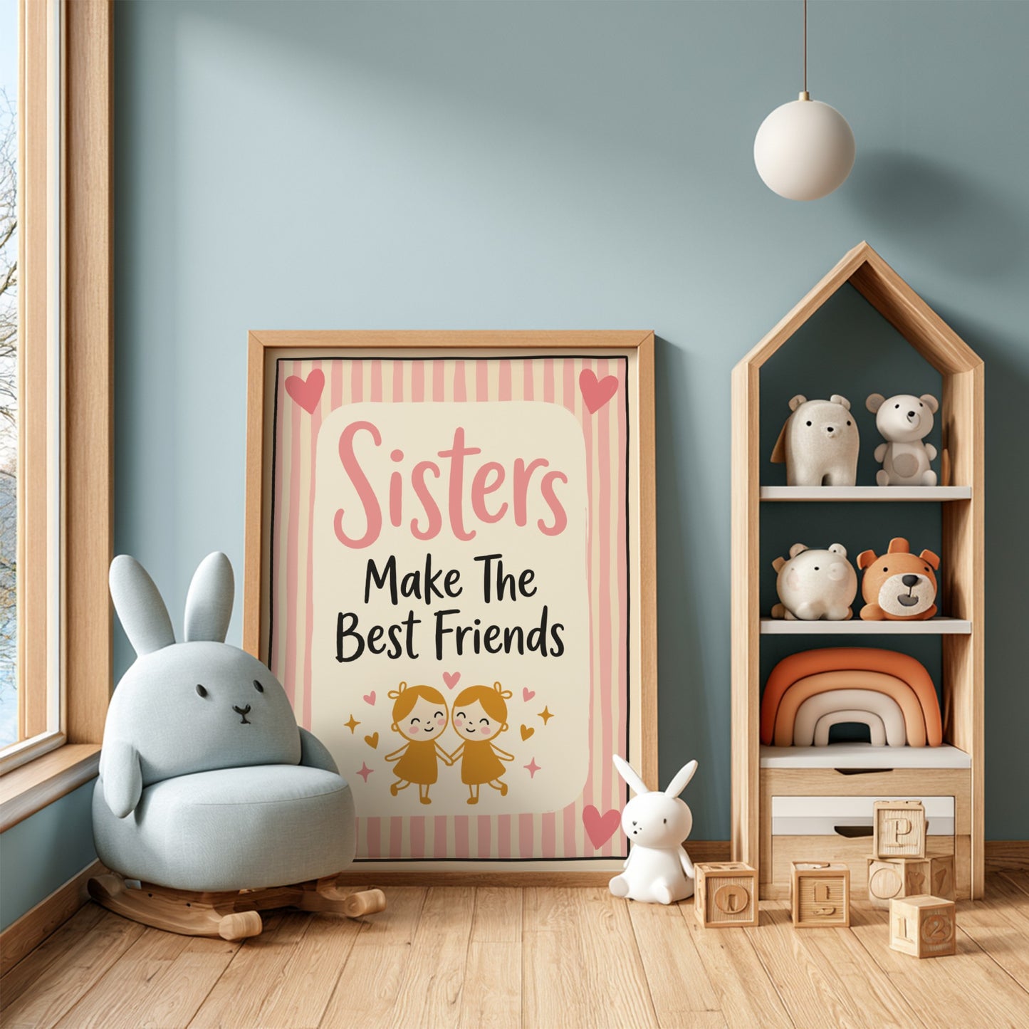 Kids room poster featuring sisters, soft pastel colors, playful illustrations, perfect for nursery or
