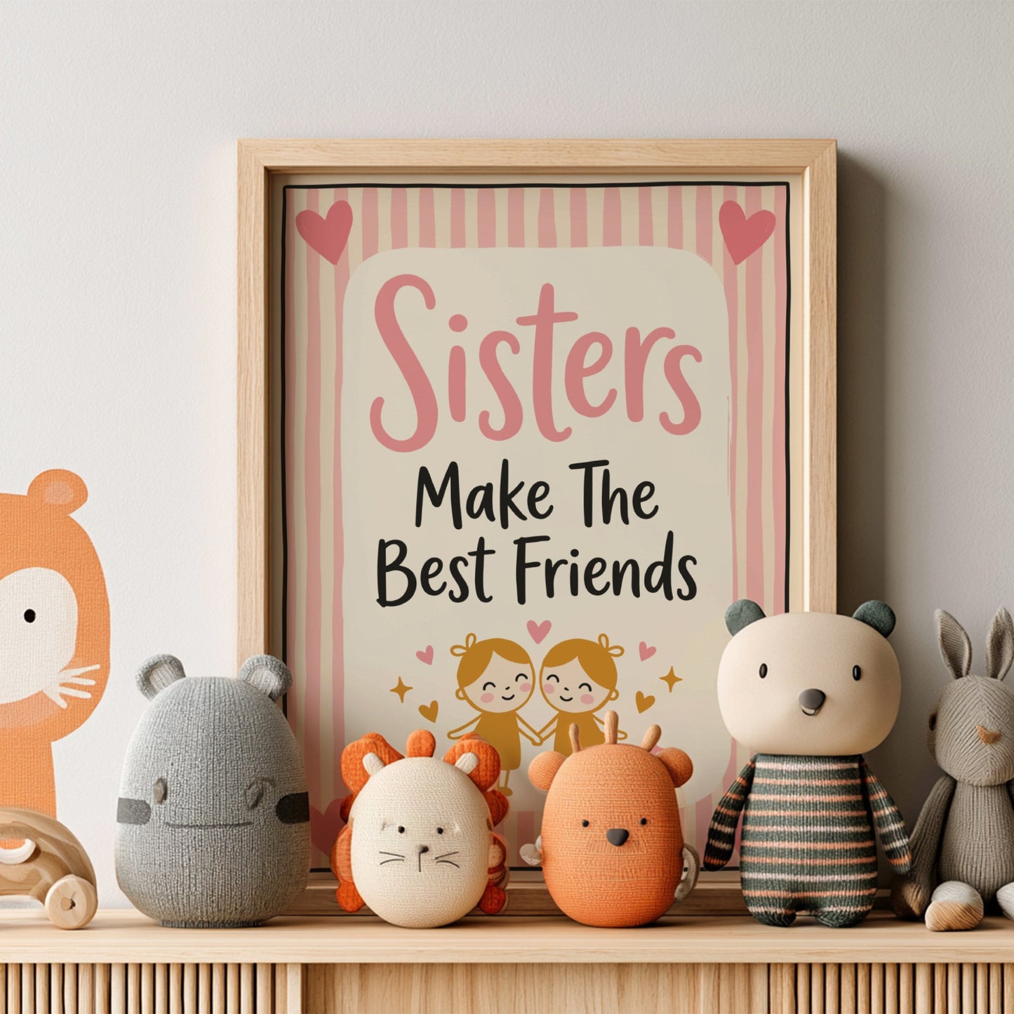 Kids room poster featuring sisters, soft pastel colors, playful illustrations, perfect for nursery or