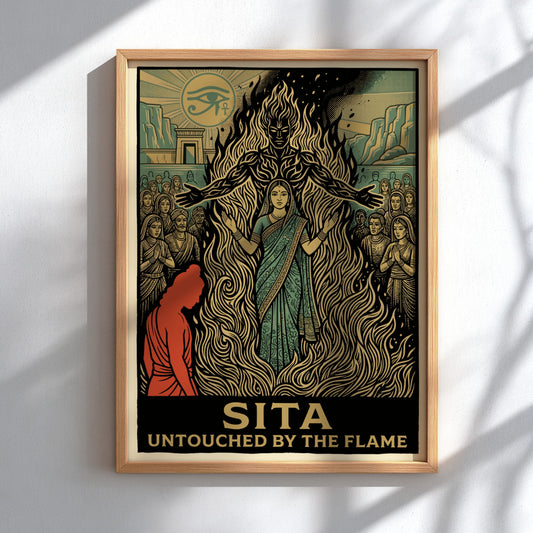 Poster featuring Sita standing in flames with an eye symbol in the background