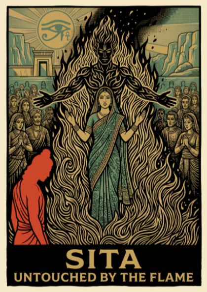 Poster featuring Sita standing in flames with an eye symbol in the background