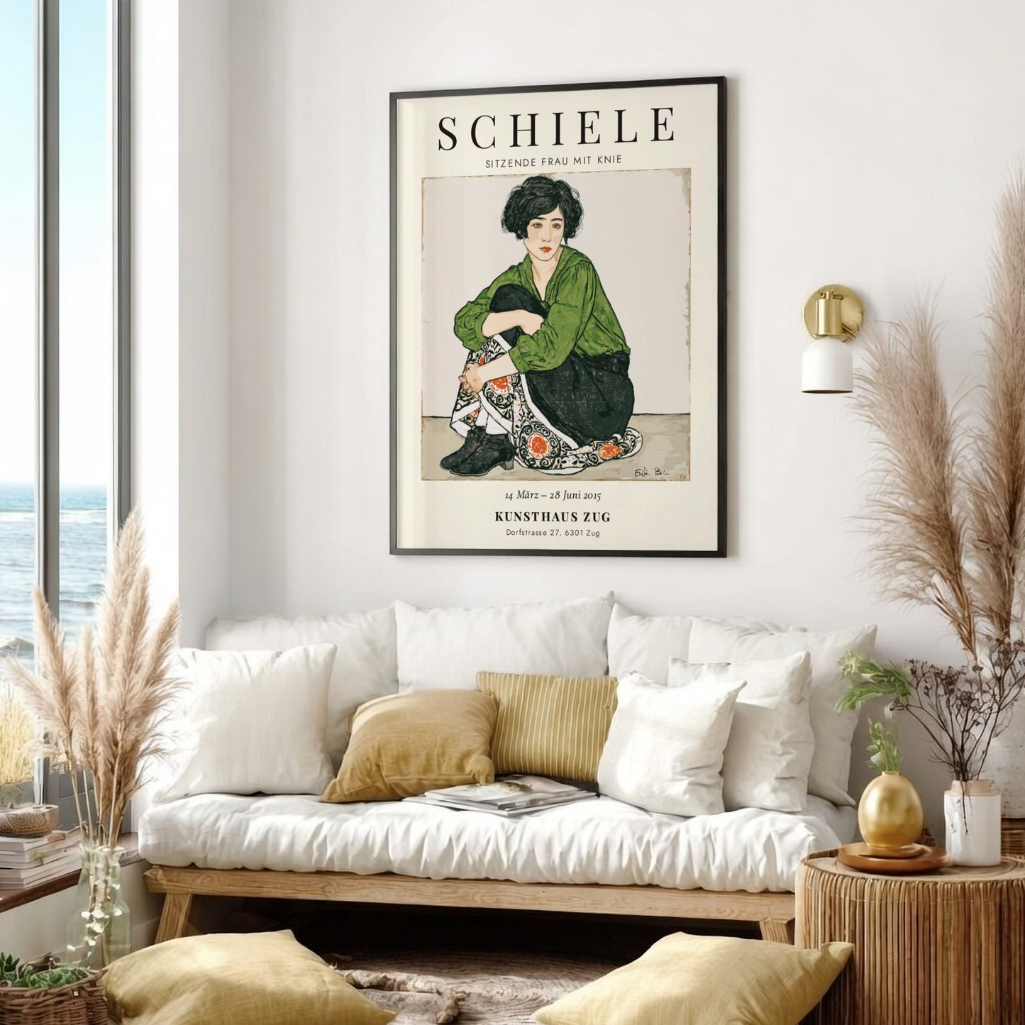 Egon Schiele exhibition poster featuring a seated woman in green and patterned skirt