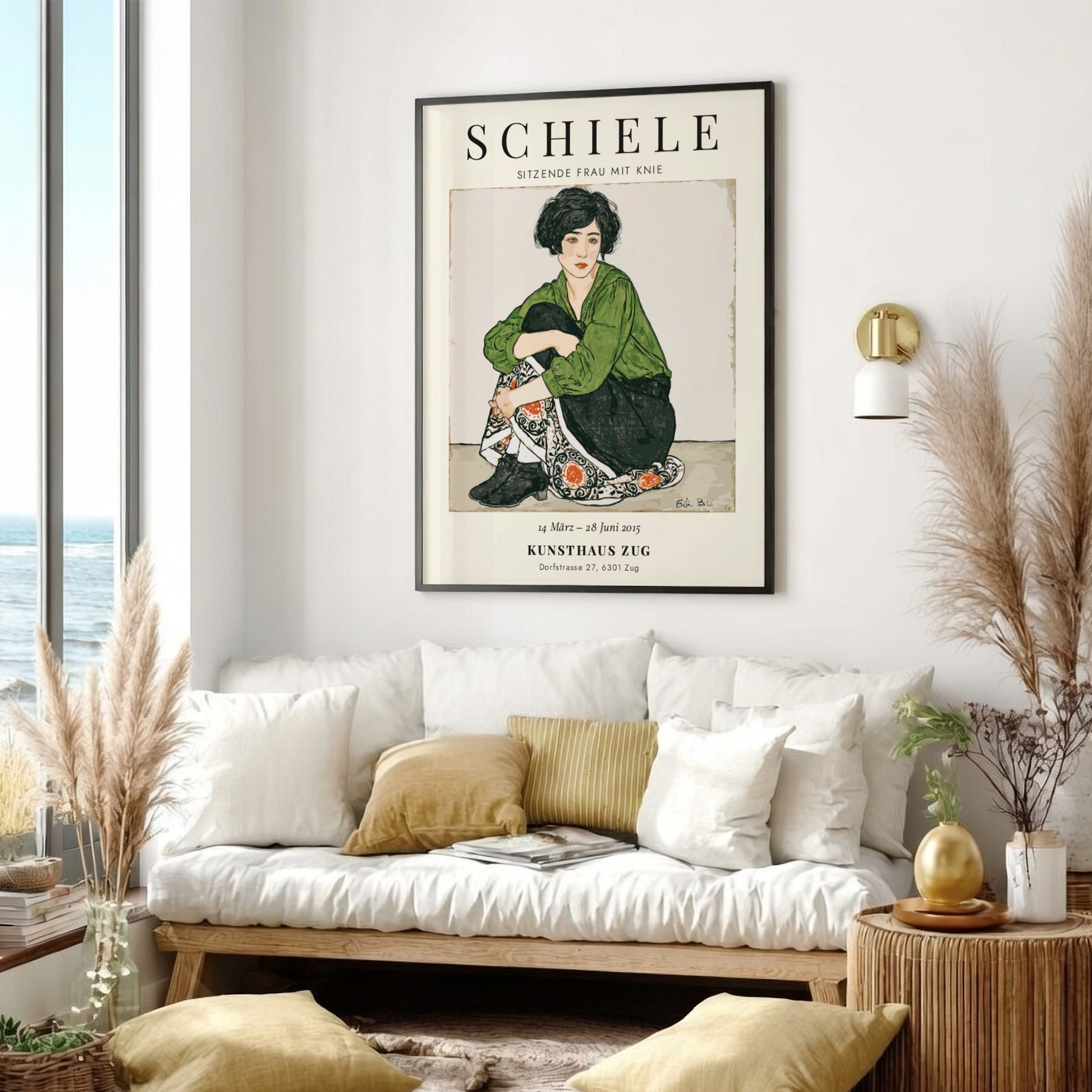 Egon Schiele exhibition poster featuring a seated woman in green and patterned skirt