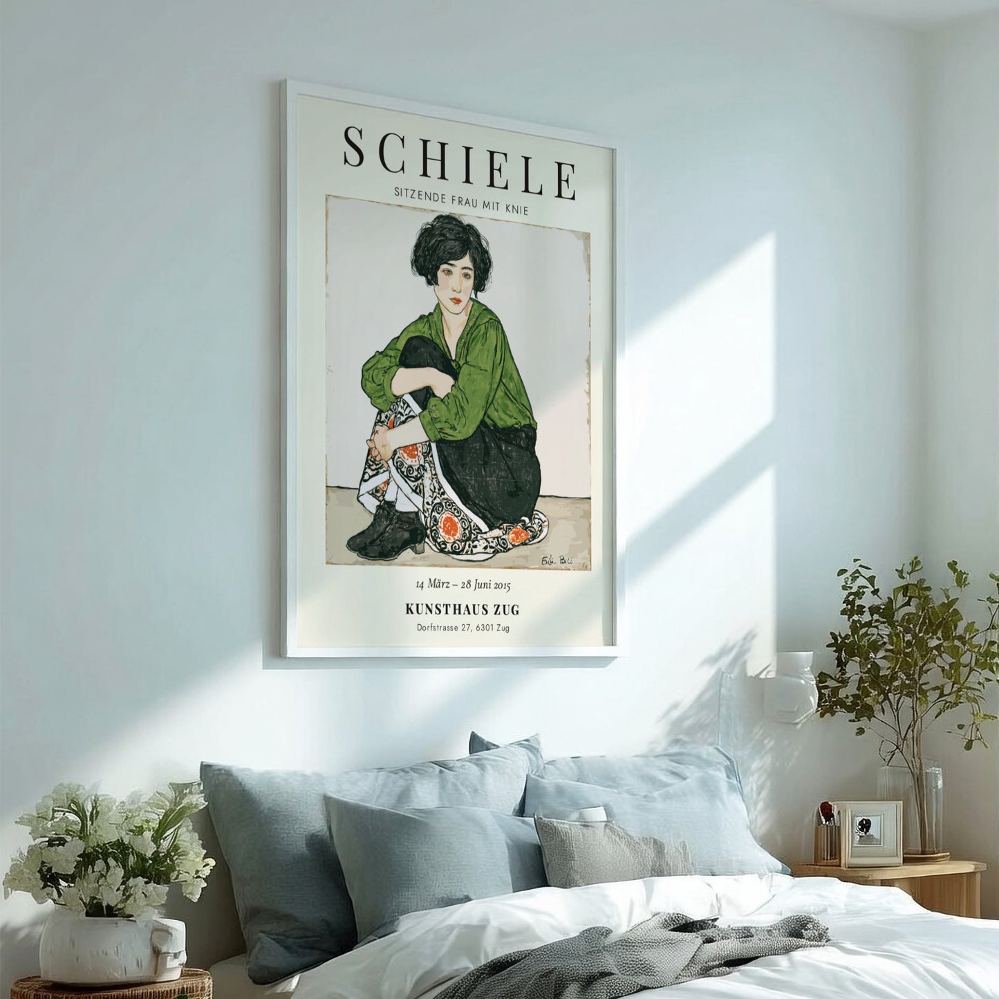 Egon Schiele exhibition poster featuring a seated woman in green and patterned skirt