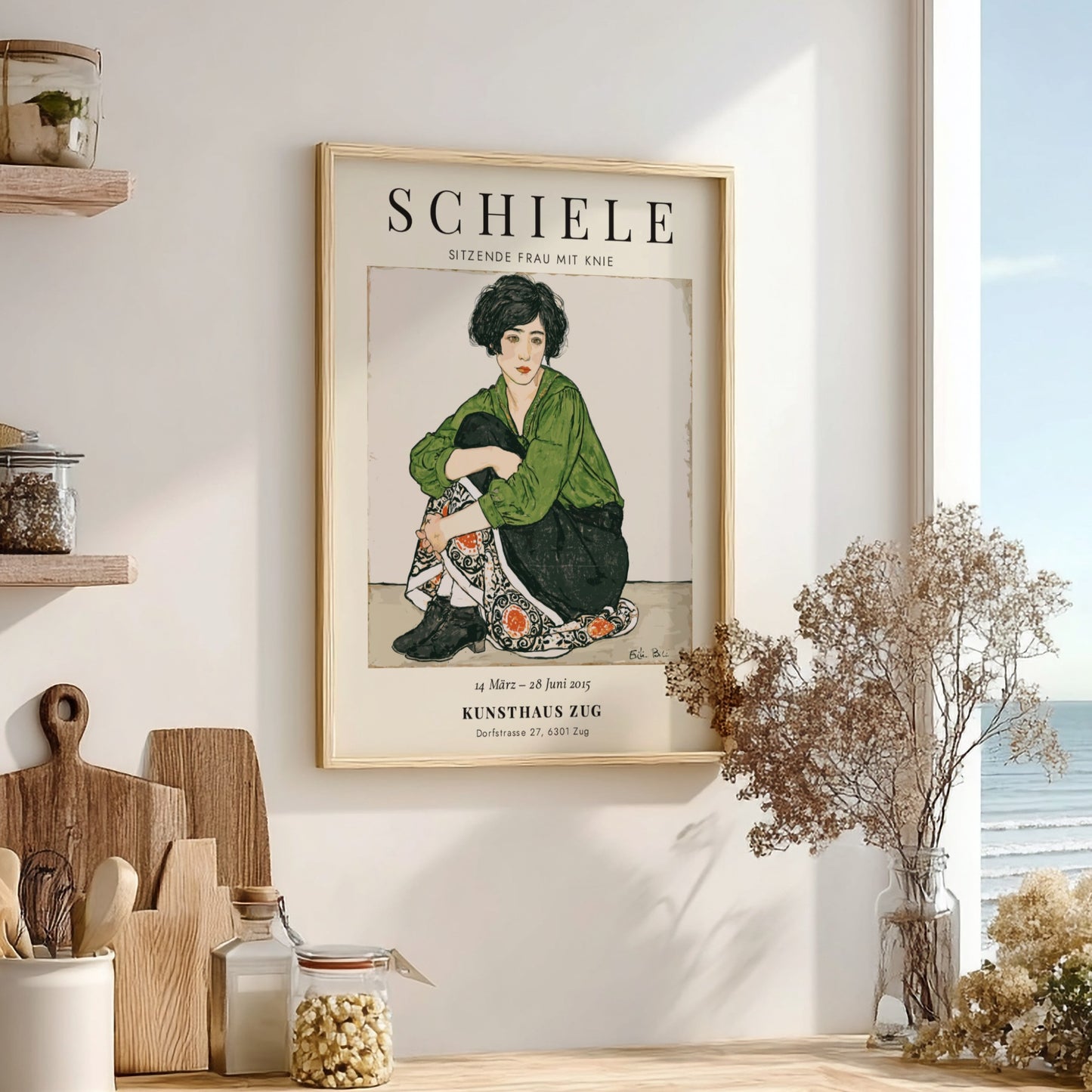 Egon Schiele exhibition poster featuring a seated woman in green and patterned skirt