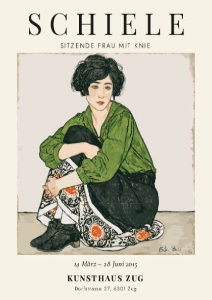 Egon Schiele exhibition poster featuring a seated woman in green and patterned skirt