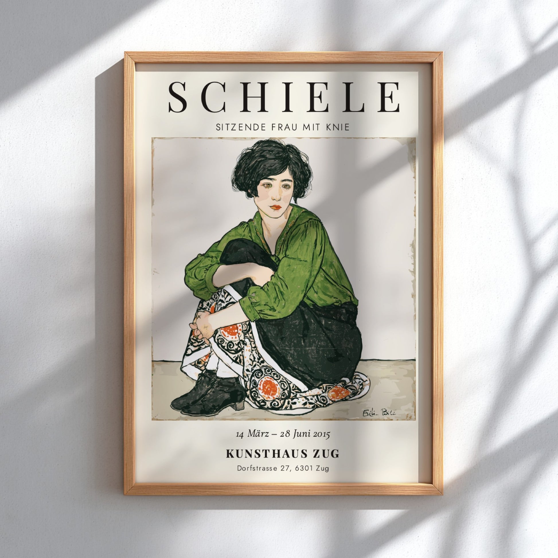 Egon Schiele exhibition poster featuring a seated woman in green and patterned skirt