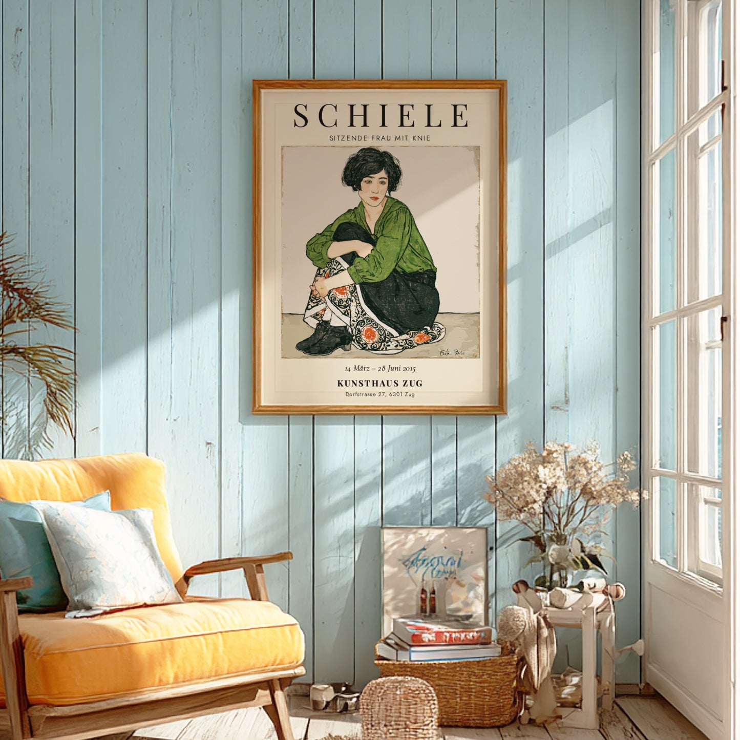 Egon Schiele exhibition poster featuring a seated woman in green and patterned skirt