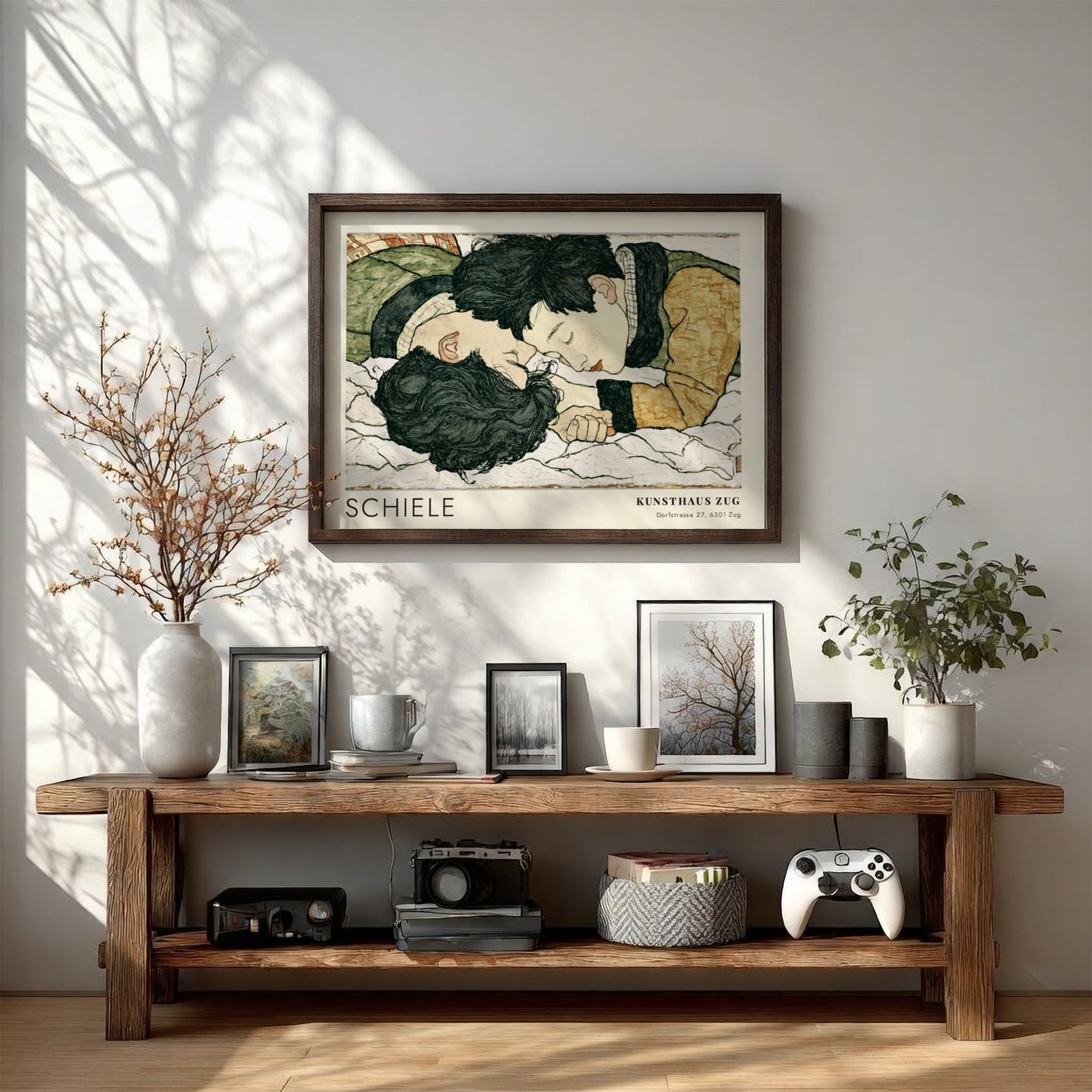 Wall art poster featuring Egon Schiele illustration of two lovers in a wooden frame.
