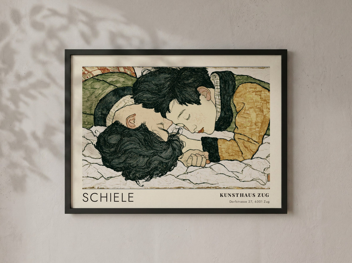 Wall art poster featuring Egon Schiele illustration of two lovers in a wooden frame.