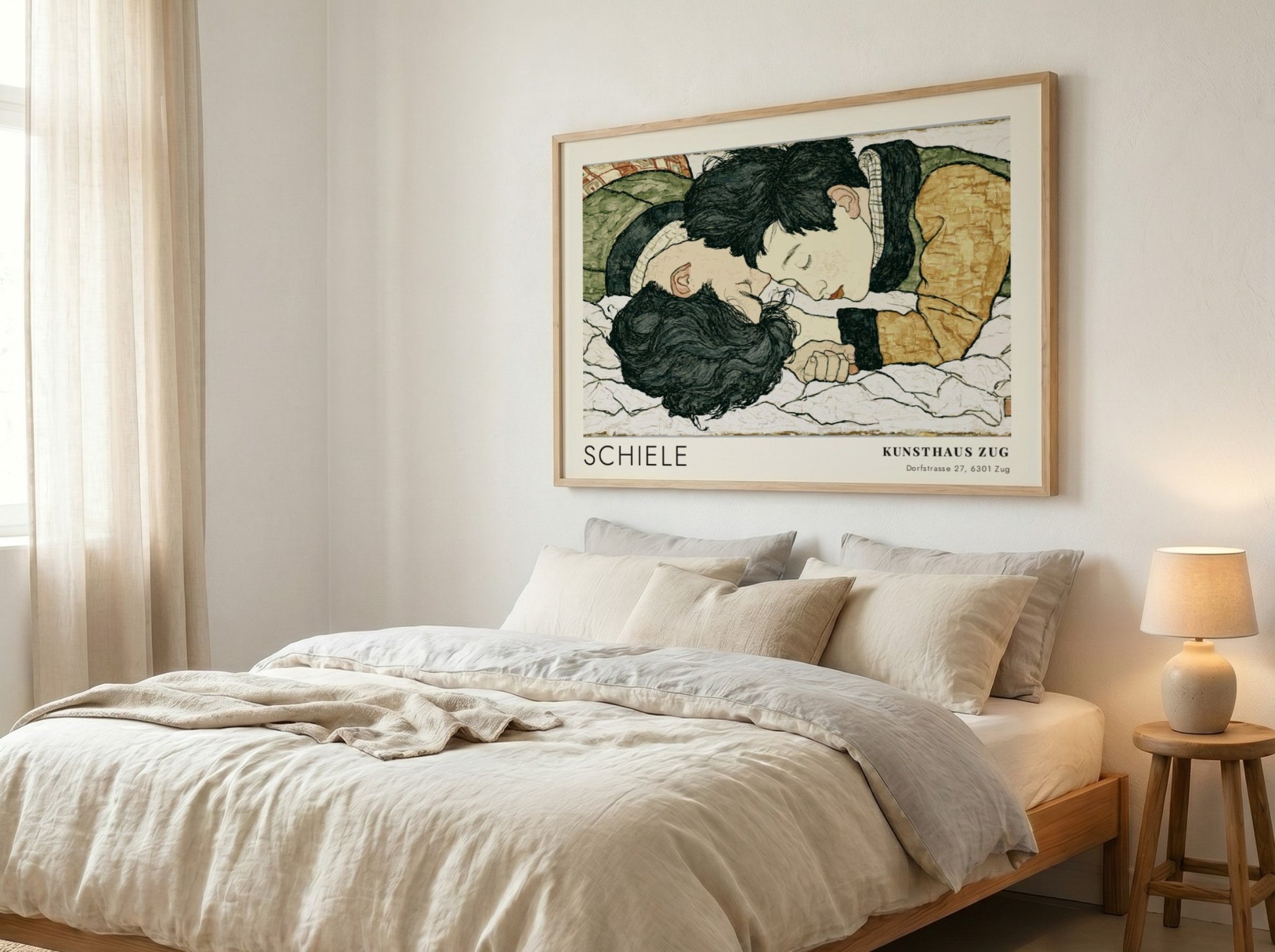 Wall art poster featuring Egon Schiele illustration of two lovers in a wooden frame.