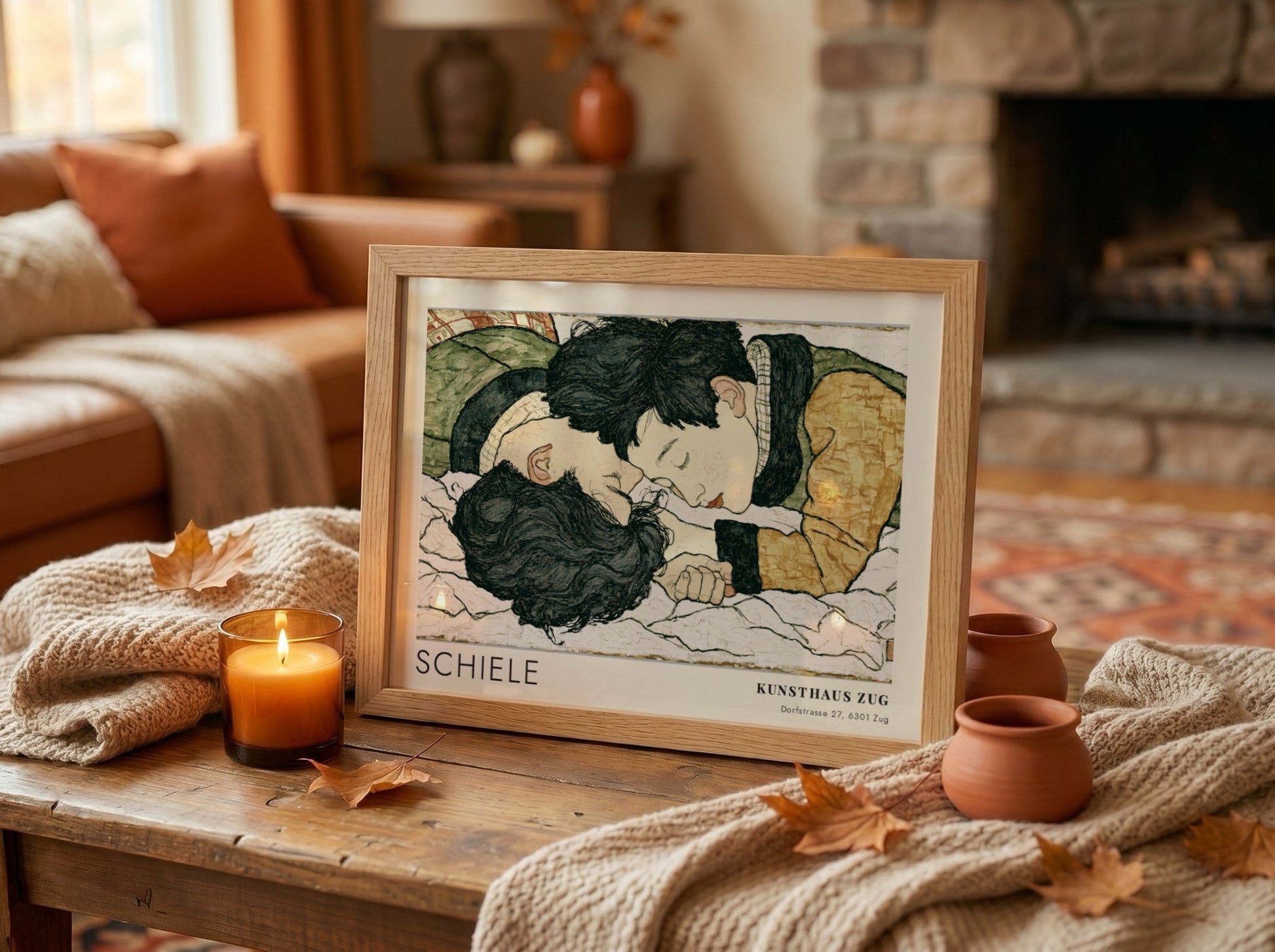 Wall art poster featuring Egon Schiele illustration of two lovers in a wooden frame.