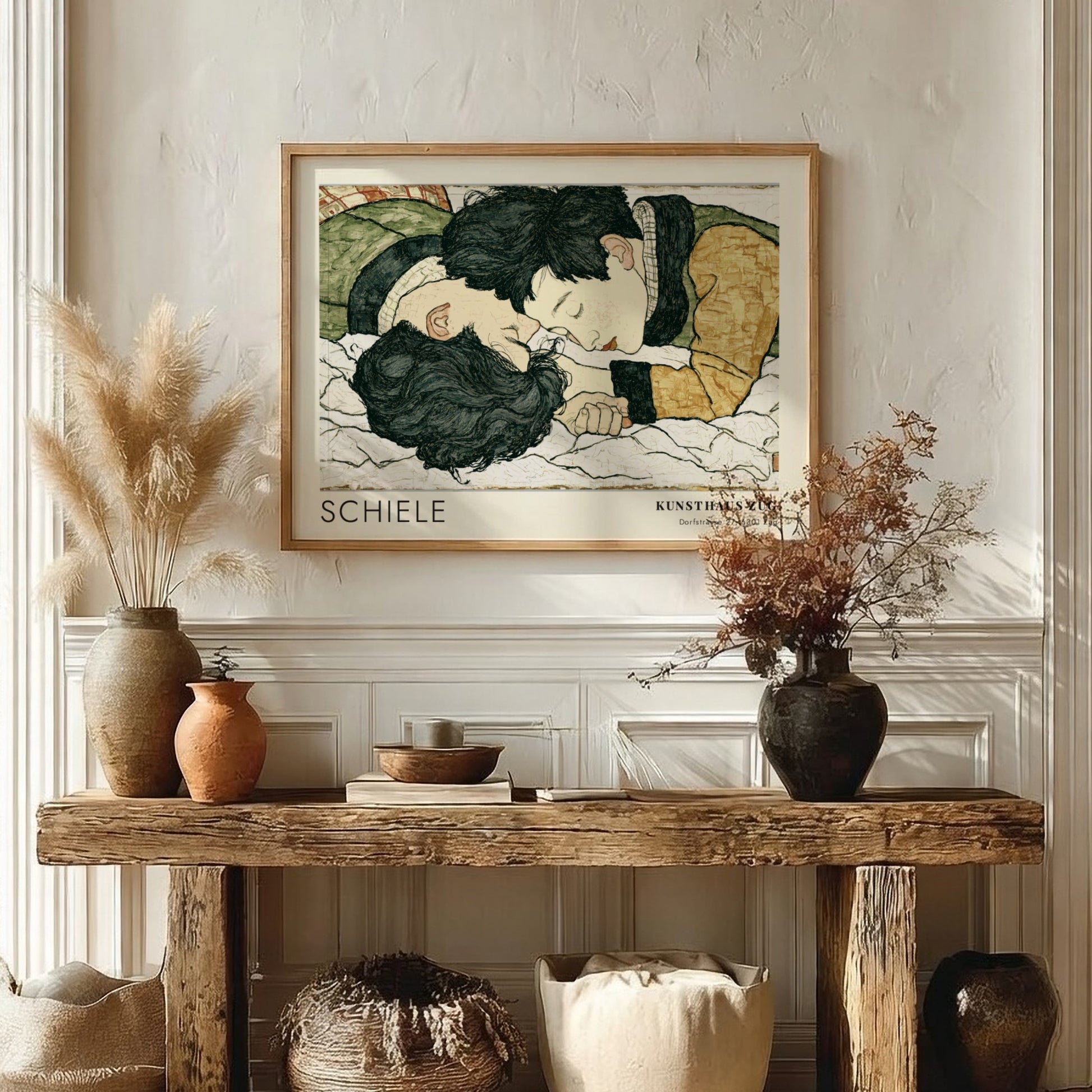 Wall art poster featuring Egon Schiele illustration of two lovers in a wooden frame.