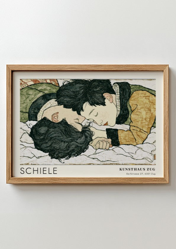 Wall art poster featuring Egon Schiele illustration of two lovers in a wooden frame.