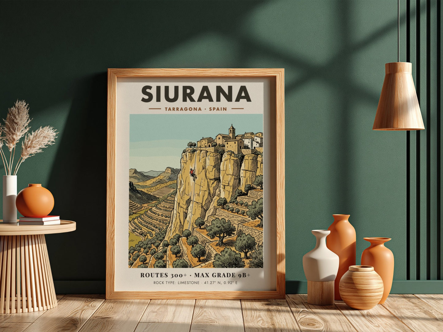 Poster of Siurana, Spain featuring a climber on limestone cliffs near a village.