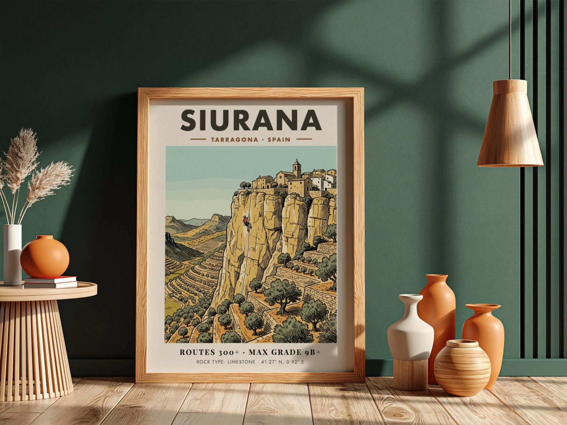 Poster of Siurana, Spain featuring a climber on limestone cliffs near a village.