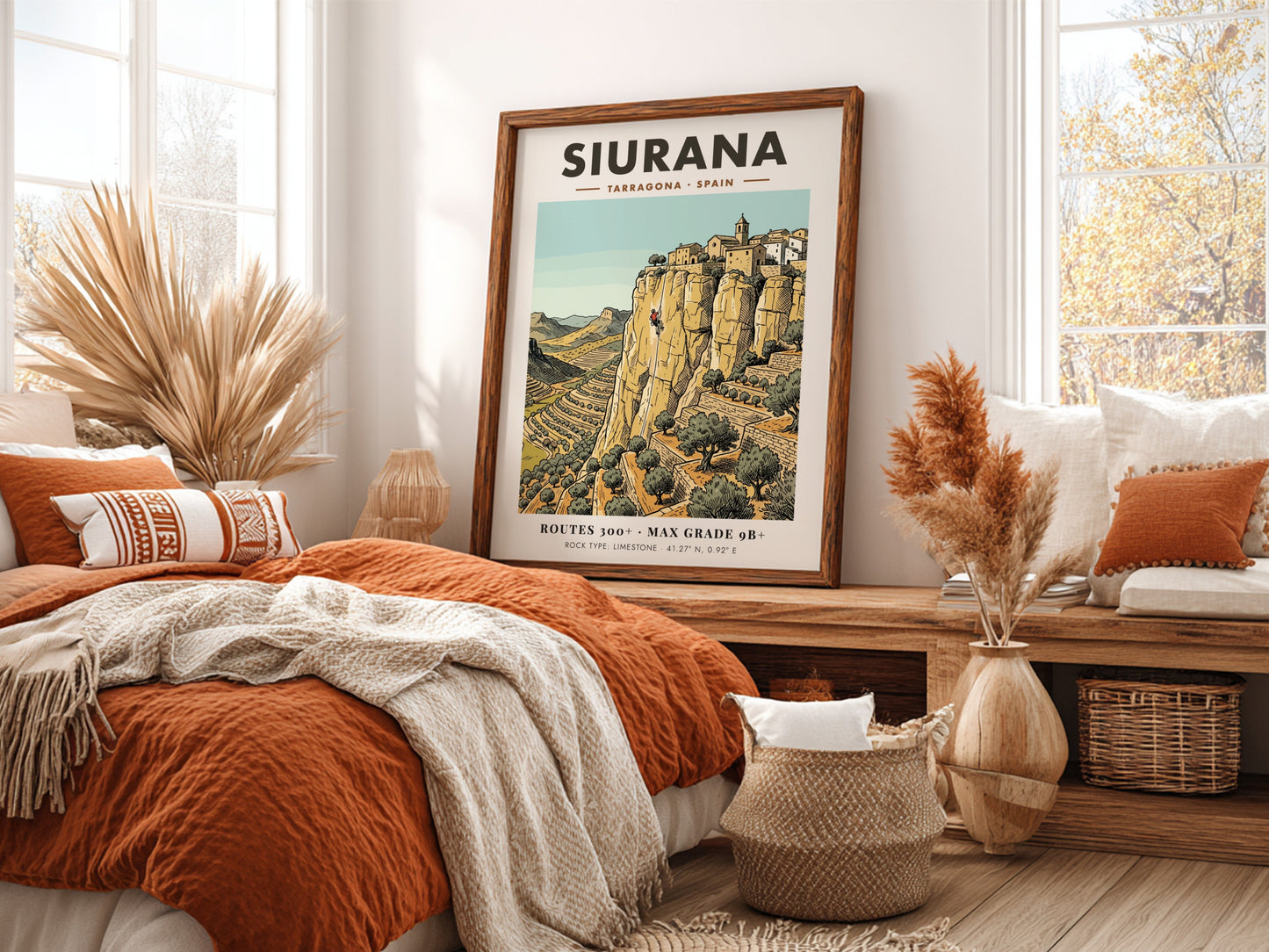 Poster of Siurana, Spain featuring a climber on limestone cliffs near a village.