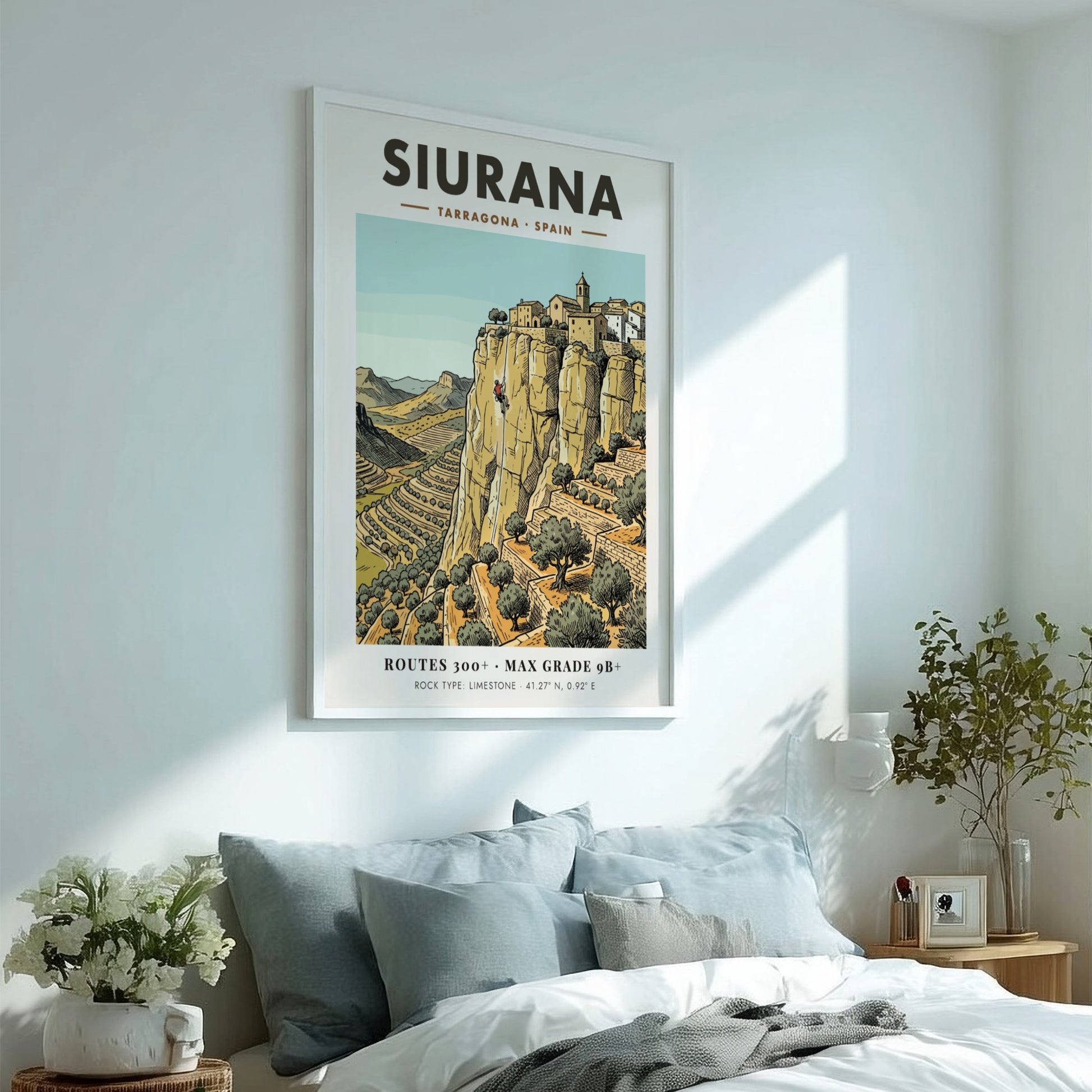 Poster of Siurana, Spain featuring a climber on limestone cliffs near a village.