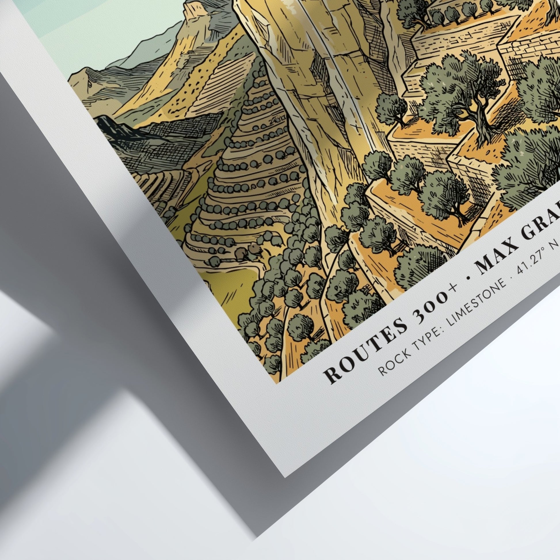 Poster of Siurana, Spain featuring a climber on limestone cliffs near a village.