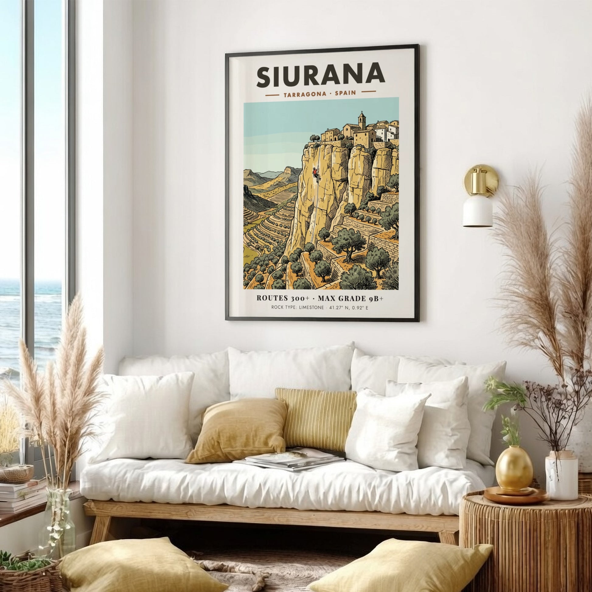 Poster of Siurana, Spain featuring a climber on limestone cliffs near a village.