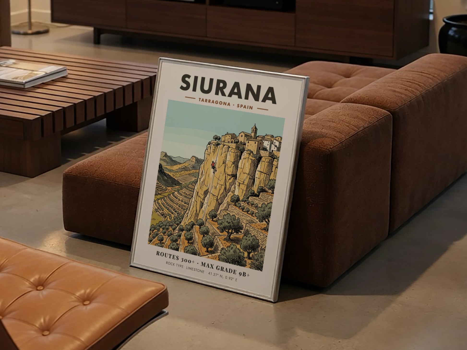 Poster of Siurana, Spain featuring a climber on limestone cliffs near a village.