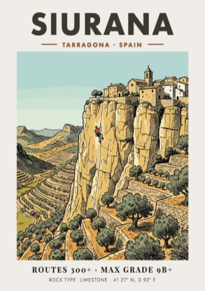 Poster of Siurana, Spain featuring a climber on limestone cliffs near a village.
