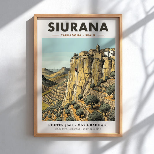Poster of Siurana, Spain featuring a climber on limestone cliffs near a village.