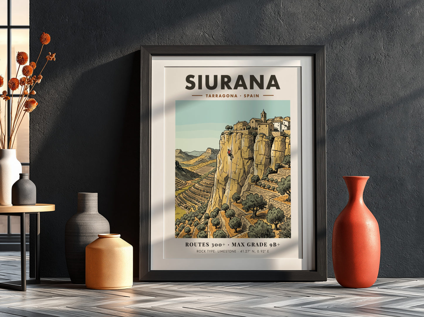 Poster of Siurana, Spain featuring a climber on limestone cliffs near a village.