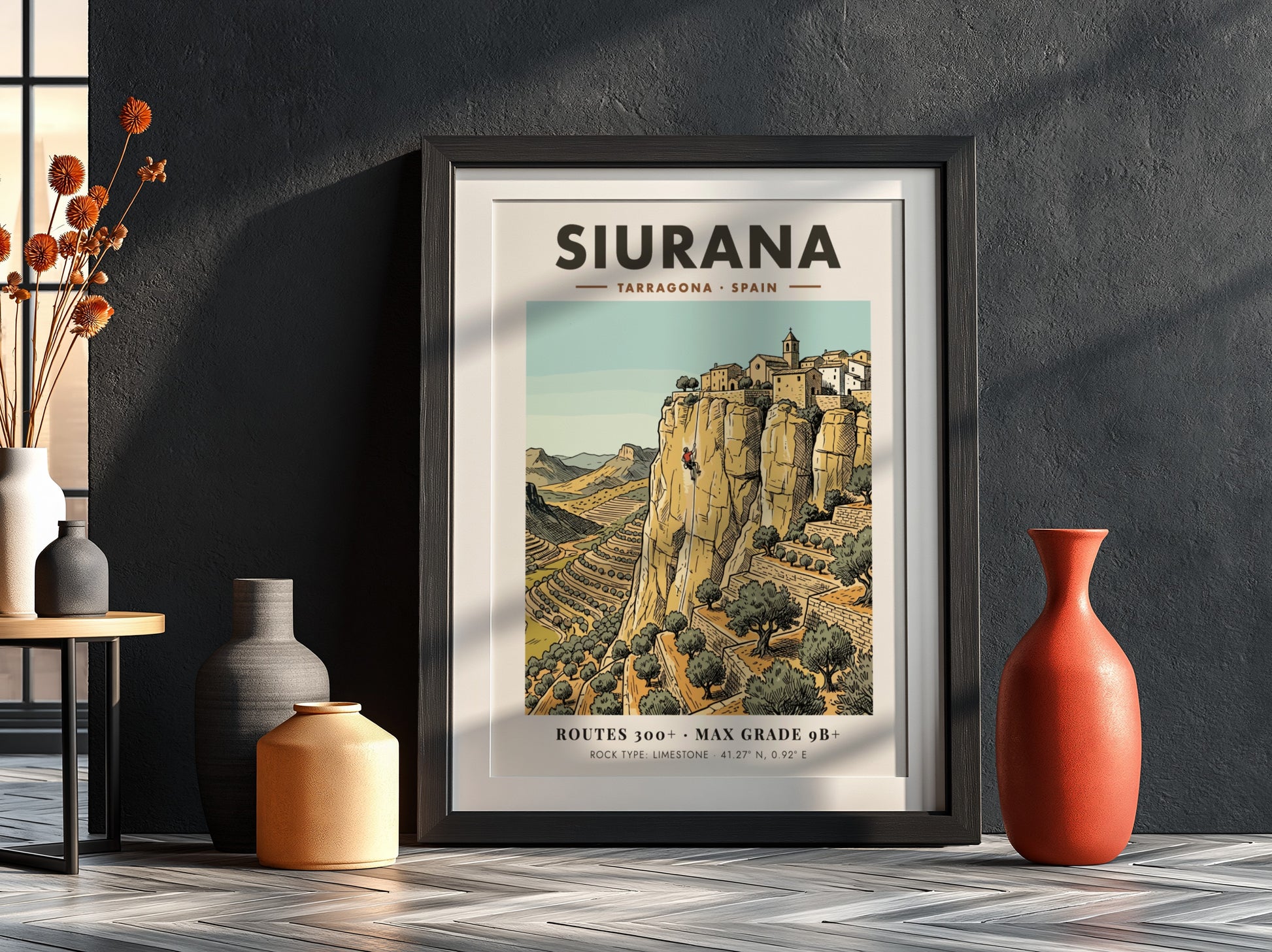 Poster of Siurana, Spain featuring a climber on limestone cliffs near a village.