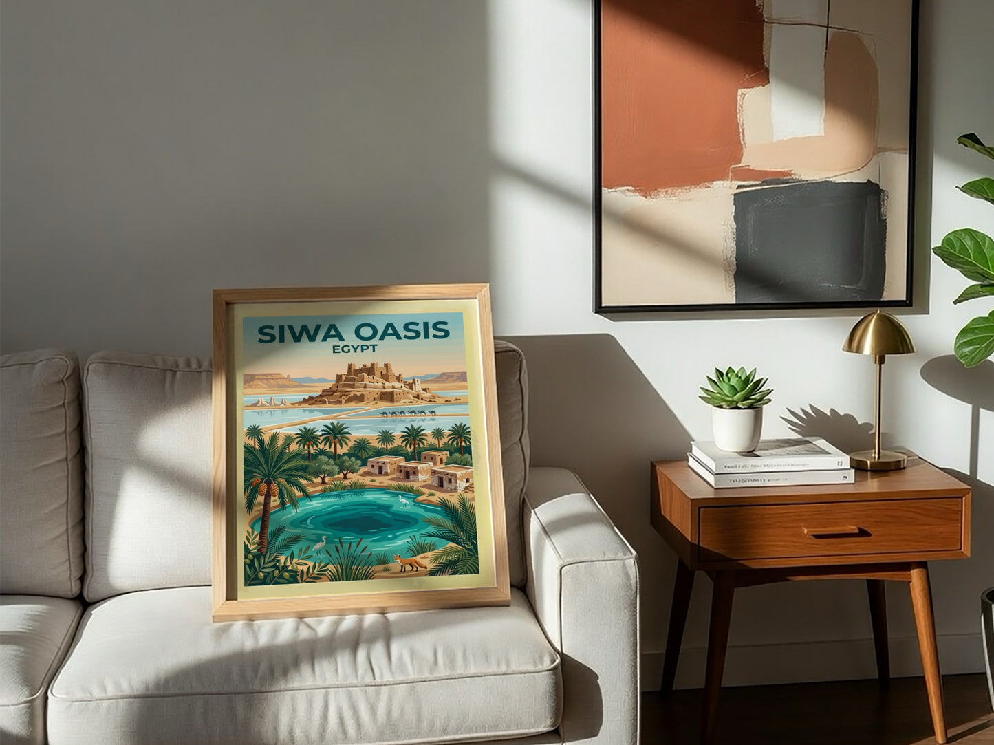 Travel poster of Siwa Oasis in Egypt featuring a mudbrick fortress and palm trees.