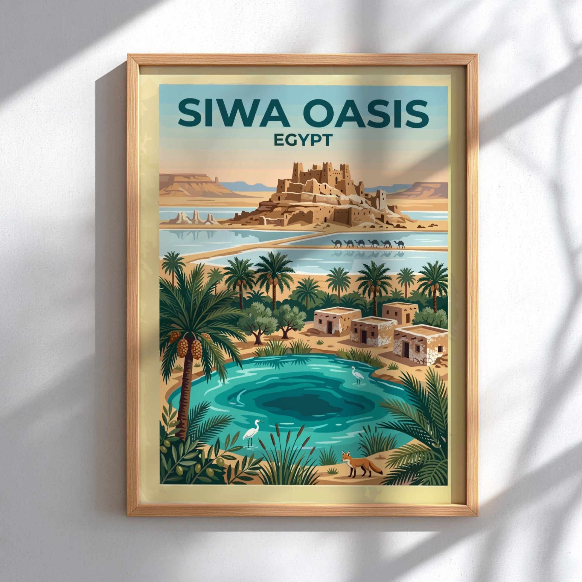 Travel poster of Siwa Oasis in Egypt featuring a mudbrick fortress and palm trees.