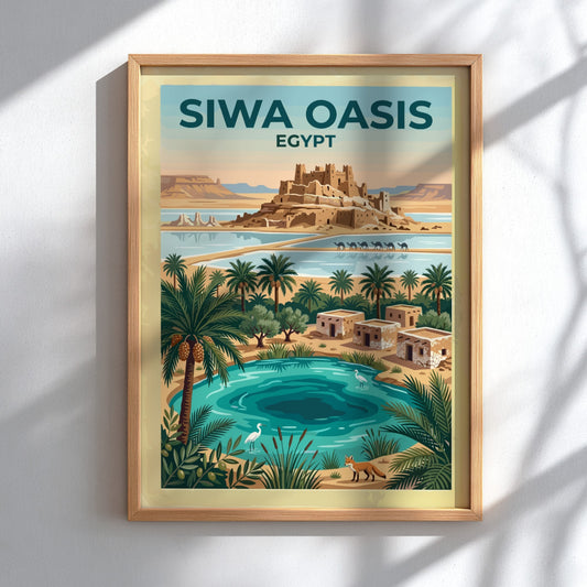 Travel poster of Siwa Oasis in Egypt featuring a mudbrick fortress and palm trees.