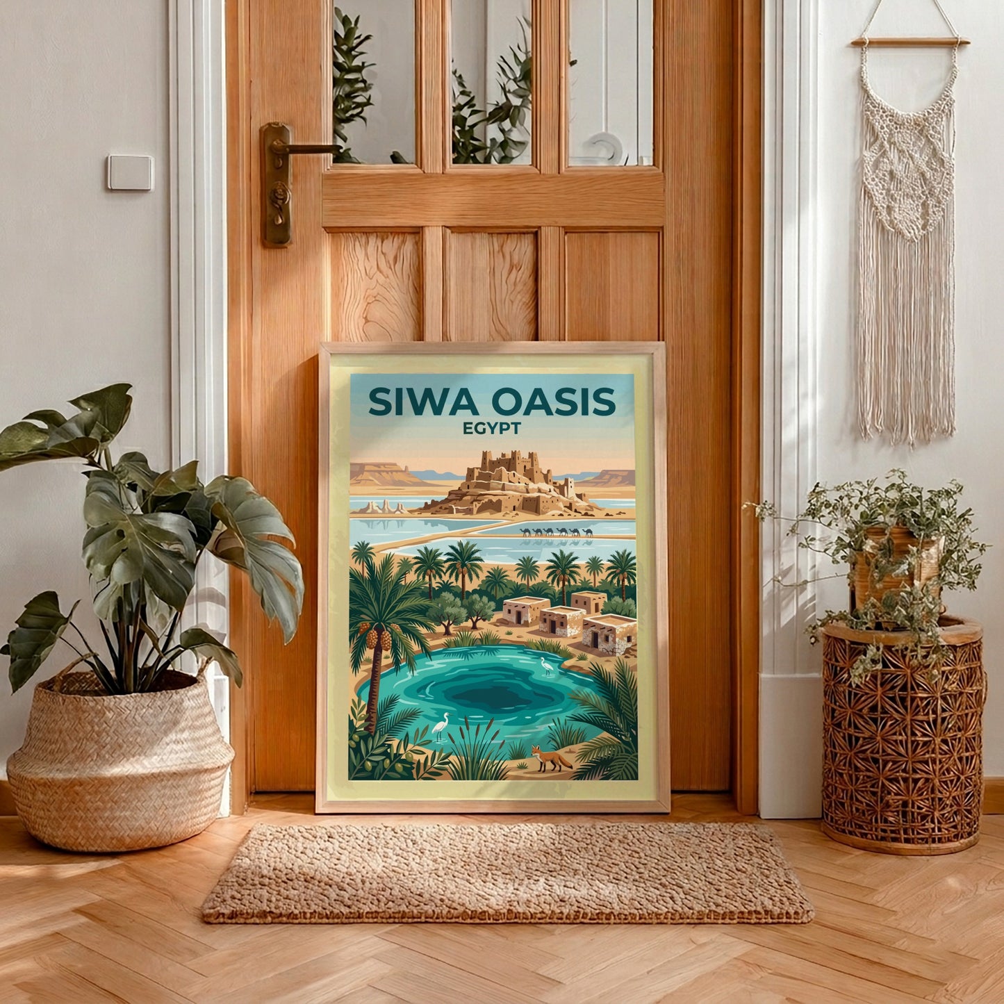 Travel poster of Siwa Oasis in Egypt featuring a mudbrick fortress and palm trees.